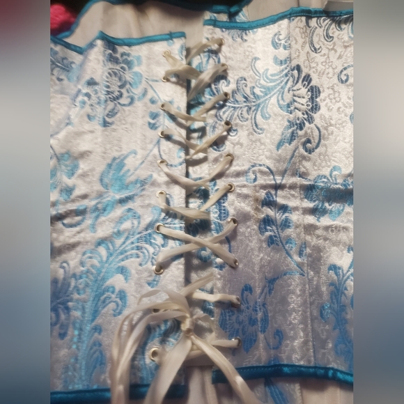 White and Blue Shiney Over Bust Lace Up Corset - Picture 3 of 13